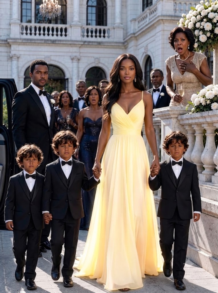 I Brought My Five-Year-Old Triplets To My Millionaire Ex-Husband’s Wedding—But When His Mother Saw Their Faces, Her Champagne Glass Shattered, And The Whole Mansion Realized The Bride Was No Longer The Biggest Secret There…