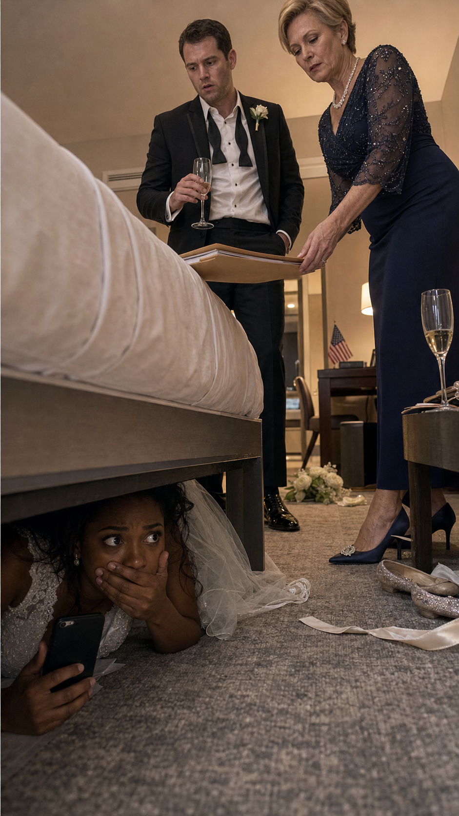On my wedding night, I slipped under the bed, my veil tangled in my hair, laughing at one last childish prank … until the door creaked open. My husband’s voice sounded gentle — then his mother’s cut in cold: “Did you give it to her?” He exhaled. “She drank it. She’s about to PASS OUT.” My breath caught as their footsteps stopped inches from me. “Good,” she whispered. “Once she’s unconscious, bring the papers. By morning … she’ll wake up with NOTHING.” I clenched my teeth until they hurt …