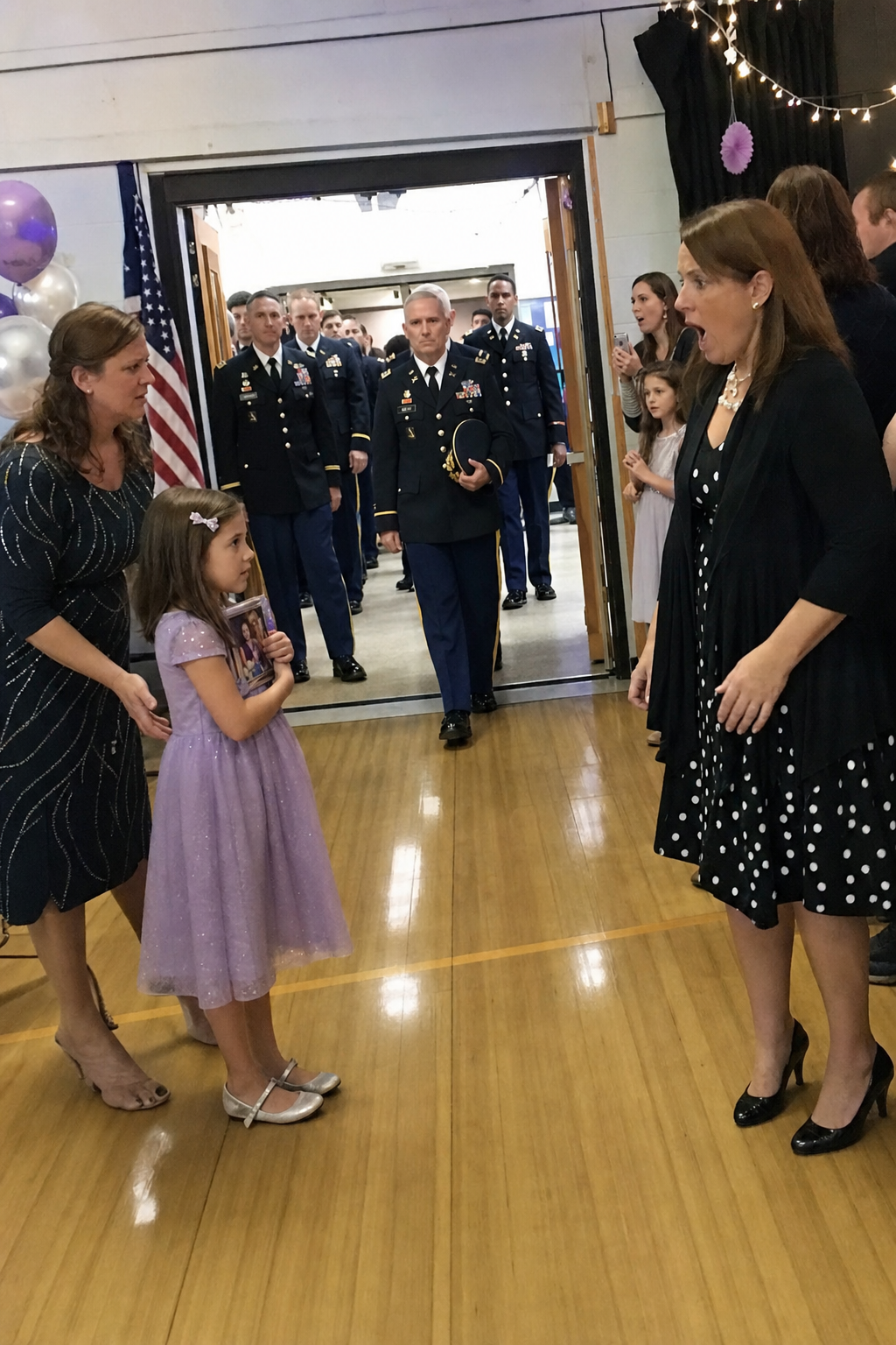 My daughter wore a lavender dress to the father-daughter dance six months after her dad, Captain Mark Lawson, was ᴋɪʟʟᴇᴅ overseas, and she stood by the gym doors all night believing he might still walk in… until the PTA president crossed the floor, looked her in the eye, and told her in front of everyone that the night wasn’t really for “situations like hers”…