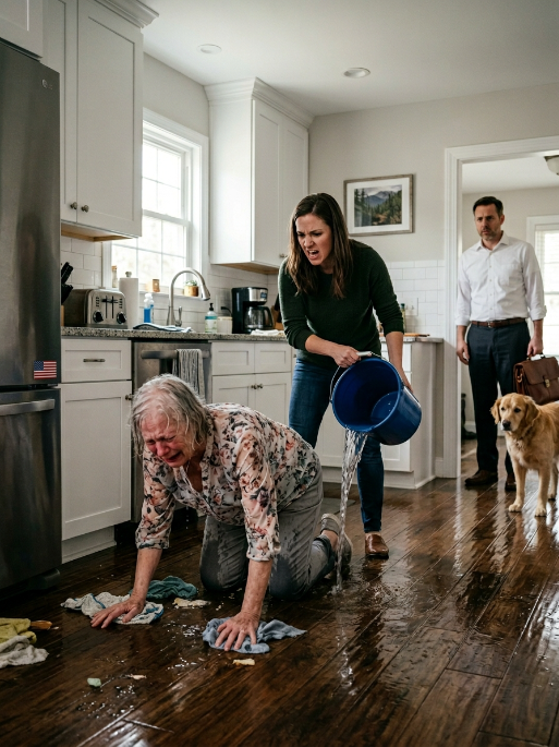 I heard my daughter-in-law call sweetly, “Rest, Mom, I’ll handle everything,” whenever my son was home. But the moment he left, her mask slipped. That evening, as I knelt mopping the floor, she sneered, “You useless old woman!” and dumped a bucket of filthy water over my head. Frozen in the doorway, my son saw it all. In that single moment, the lie shattered—and my life would never be the same again.