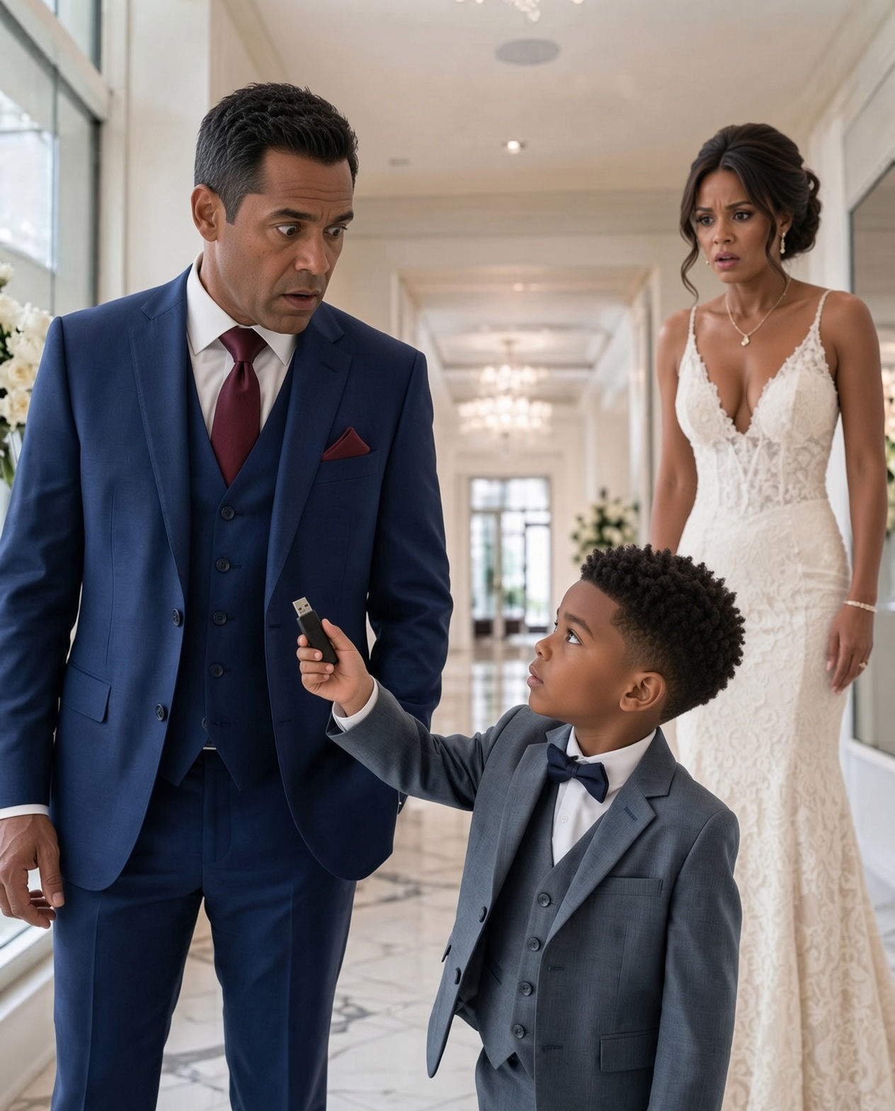 Before we reached the altar, my three-year-old grandson squeezed my hand and whispered, “Grandpa, she was mean to Mommy.” Then he pointed toward my future wife and pulled a USB drive from his tiny pocket—one that would soon reveal the truth she had been hiding.