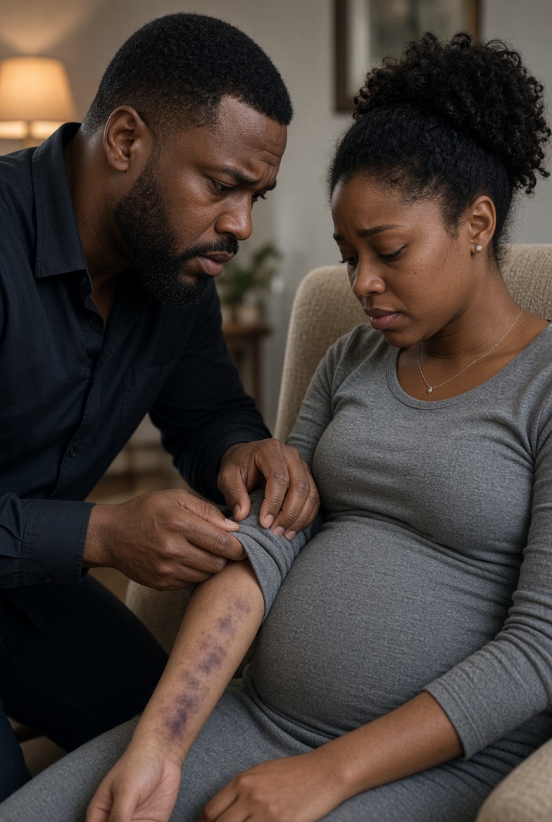 SEVEN MONTHS PREGNANT, I WAS SCRUBBING WINE OFF THE FLOOR WHEN MY HUSBAND CAME HOME EARLY AND CAUGHT HIS SISTER INSPECTING THE BRUISES SHE'D LEFT ON MY ARM