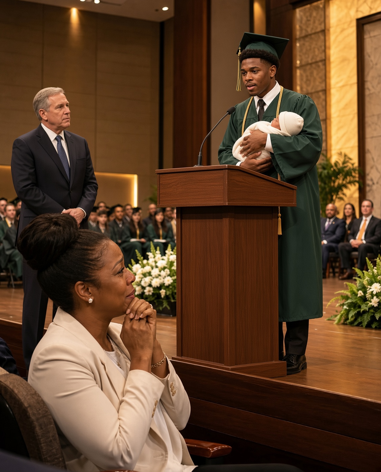 THEY LAUGHED WHEN MY SON WALKED ACROSS HIS GRADUATION STAGE HOLDING A NEWBORN — ONE WOMAN WHISPERED "JUST LIKE HIS MOTHER" — BUT WHAT HE SAID INTO THAT MICROPHONE LEFT THE ENTIRE ROOM SILENT