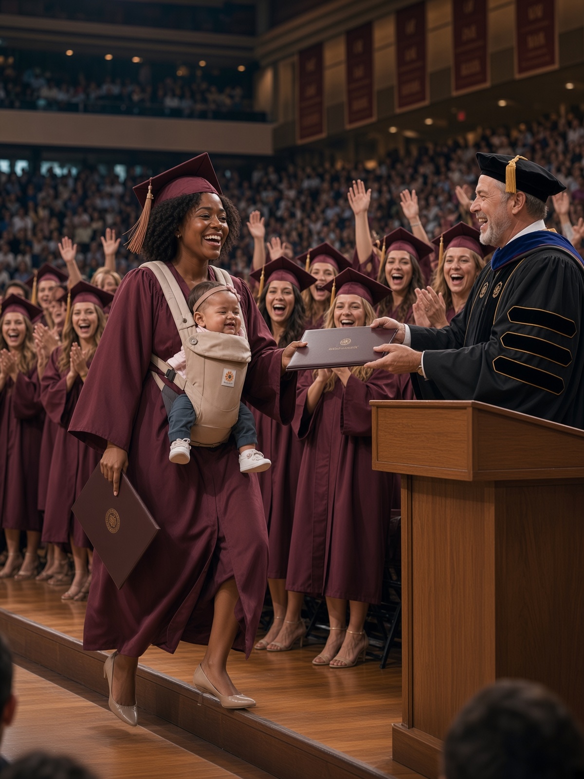 EVERYONE MOCKED THE YOUNG MOM FOR BRINGING HER BABY TO GRADUATION — THEN THE PRINCIPAL REVEALED THE TRUTH AND THE ENTIRE AUDITORIUM STOOD IN TEARS
