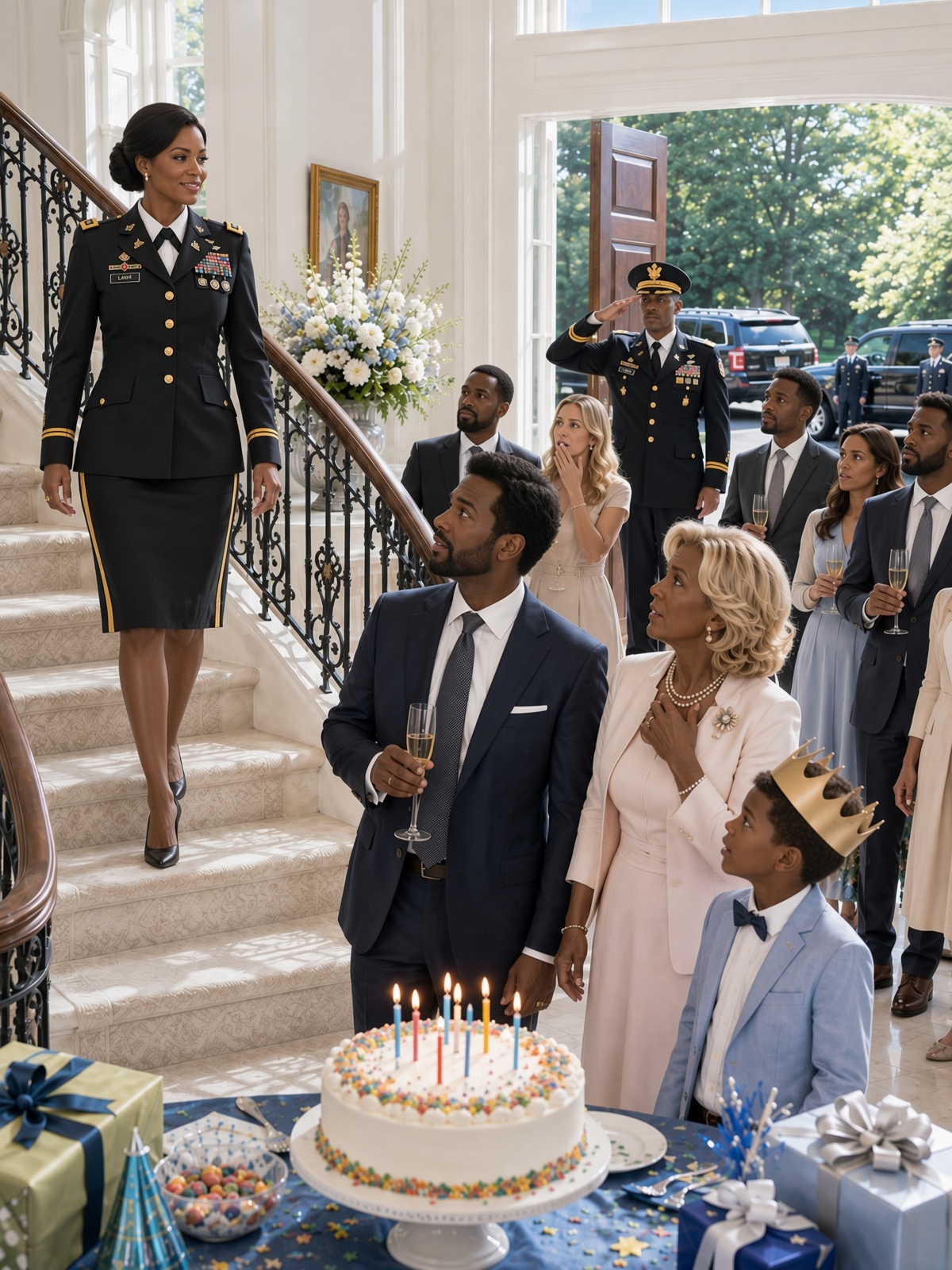 Please Stay Upstairs Until Everyone Leaves,” My Husband Texted During Our Daughter’s Eighth Birthday. His Family Thought I Was Too Plain for Their Investors and Political Guests. I Almost Stayed Quiet Again—Until My Daughter Asked, “But Mom Promised She’d Be Beside Me.” Ten Minutes Later, I Walked Downstairs in Uniform, and the Entire Room Went Silent.