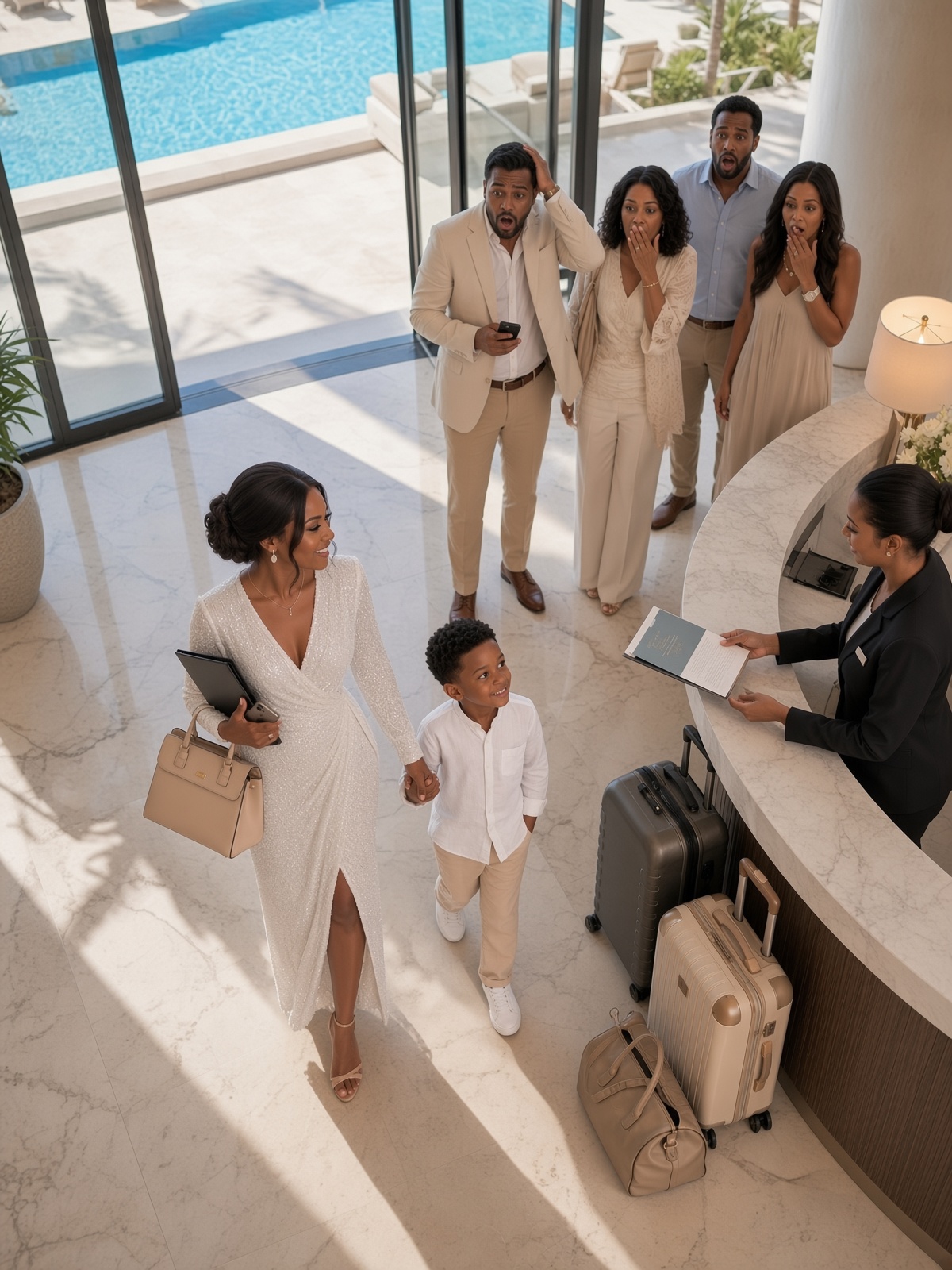 I paid for the entire family to stay at a luxury resort, but my husband and his relatives laughed as they deliberately left me and my son sitting alone in the lobby. Hours passed, and when my hungry little boy and I could barely stand the hunger, we overheard them whispering about a sh0cking plan they thought we would never discover…