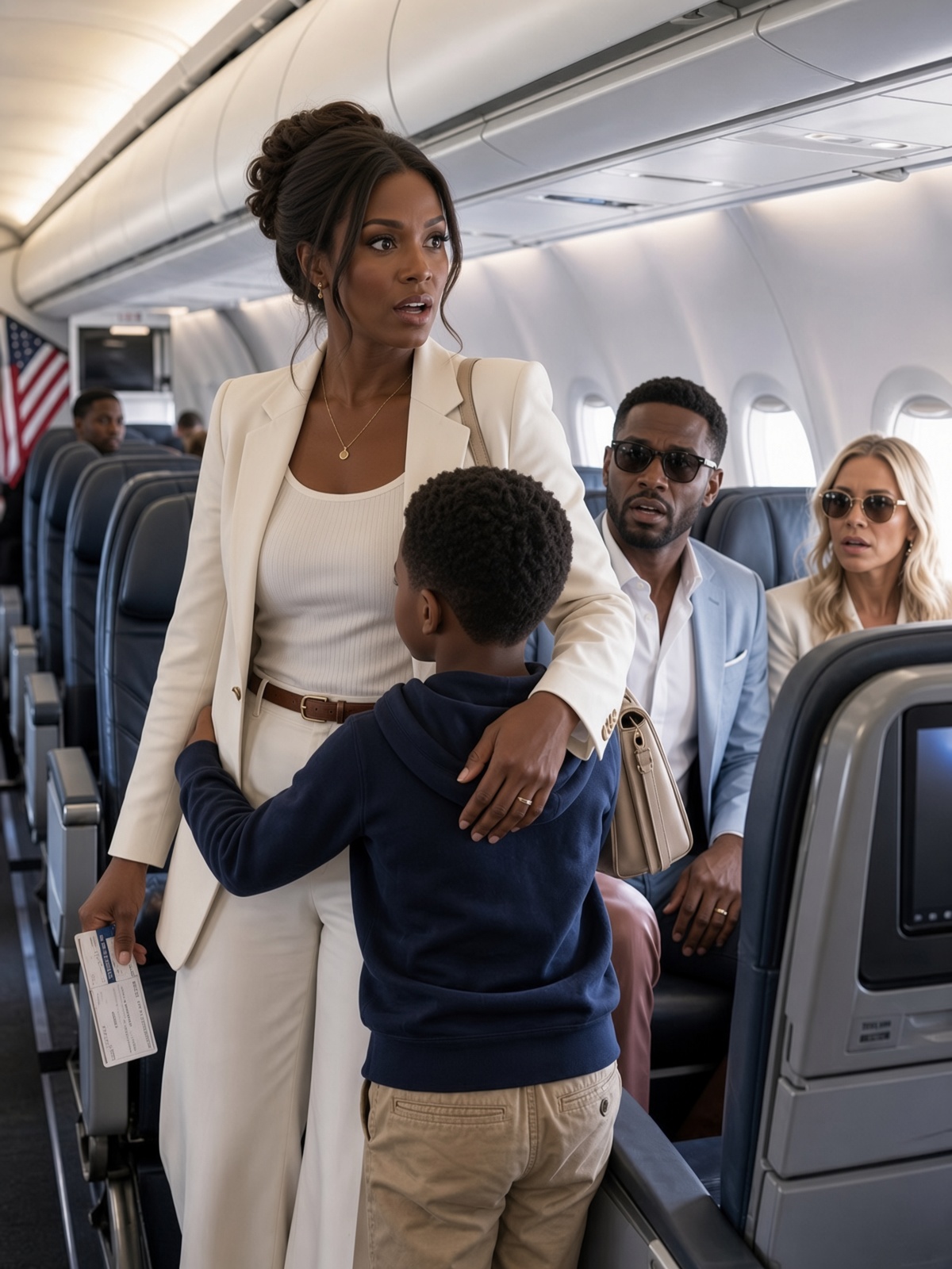 My 10-Year-Old Son Returned From the Airplane Restroom and Whispered, “Mom… I Think Dad Is Sitting in First Class.” I Told Him That Was Impossible—His Father Had Been Dead for Three Years. Then the Man Lifted His Sleeve, Revealing a Scar I Had Kissed a Hundred Times, and Another Woman Called Him by a Name I Had Never Heard Before.