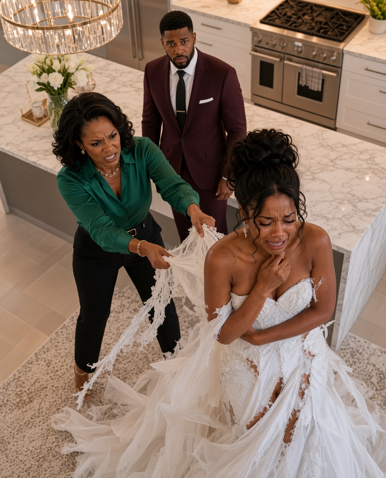 MY MOTHER-IN-LAW TORE MY WHITE DRESS APART IN MY OWN KITCHEN, SCREAMING "MY SON PAYS FOR EVERYTHING IN THIS HOUSE" — MY HUSBAND STOOD THERE AND SAID NOTHING. SIX WEEKS LATER, I SHOWED THEM BOTH EXACTLY WHOSE NAME WAS ON THE DEED