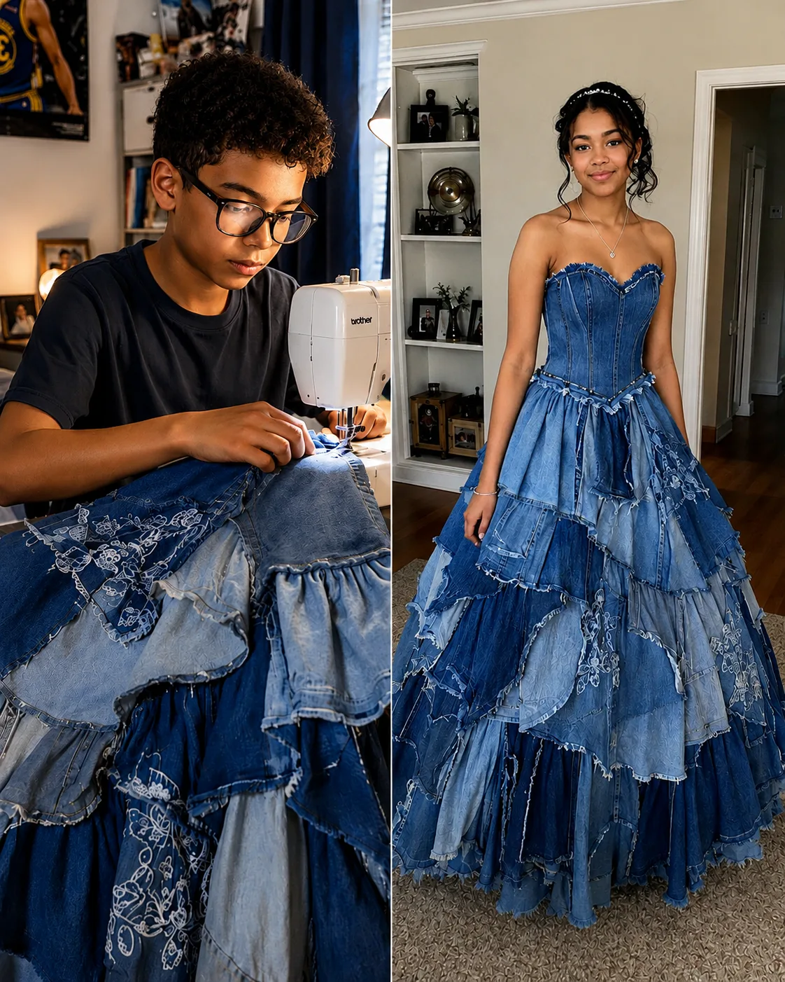 My Stepmother Refused to Give Me Money for a Prom Dress, Saying I Didn’t Deserve to Waste “Family Money” on One Night. My 15-Year-Old Brother Quietly Took Our Late Mom’s Old Jeans From Storage and Sewed Me a Dress Himself. She Laughed When She Saw It and Said the Whole School Would Humiliate Me. By the End of Prom Night, Nobody Was Laughing—Especially Her.