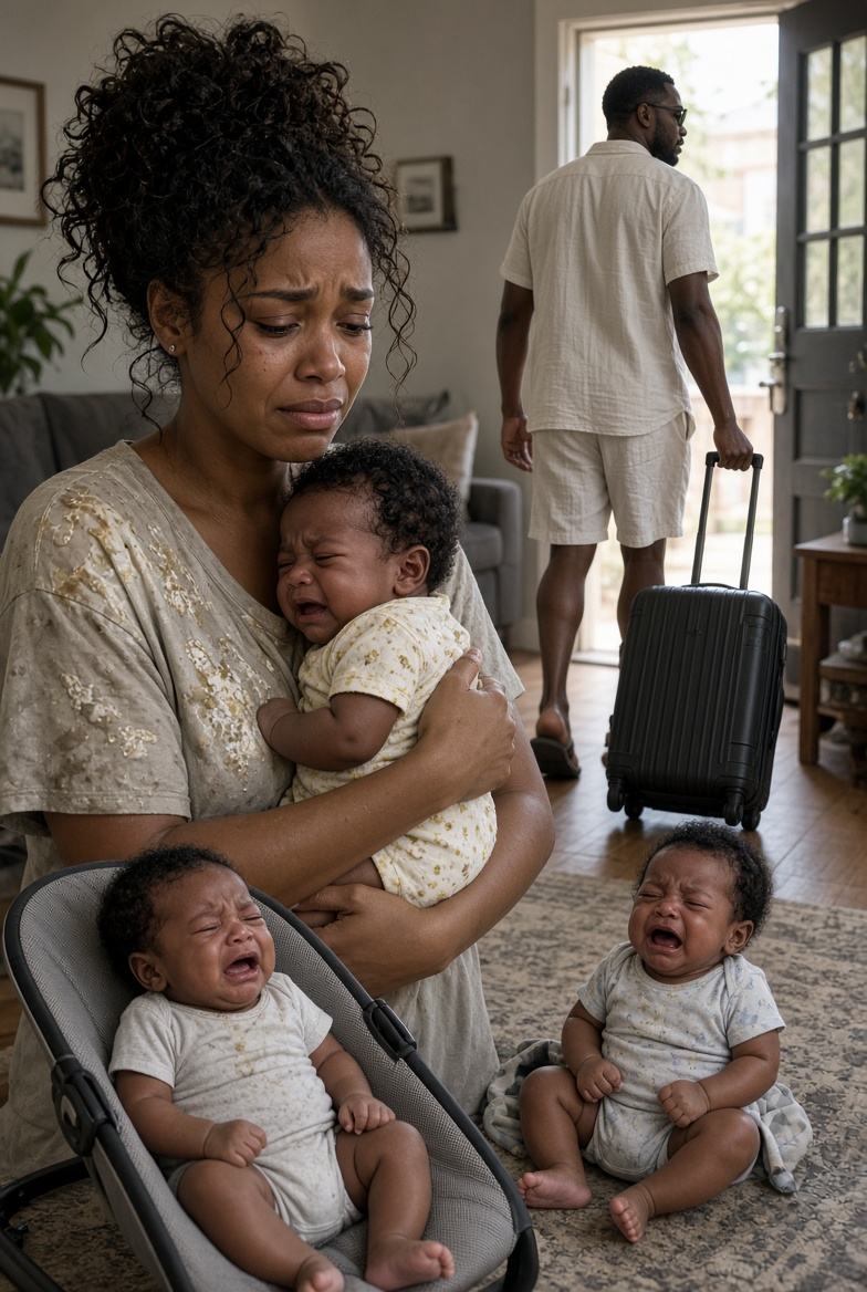 MY HUSBAND LEFT ME ALONE WITH OUR SIX-MONTH-OLD TRIPLETS FOR A BEACH TRIP BECAUSE I "HADN'T EARNED ONE" — WHEN HE WALKED BACK IN, SOMEONE WAS SITTING AT OUR KITCHEN TABLE WHO CHANGED EVERYTHING