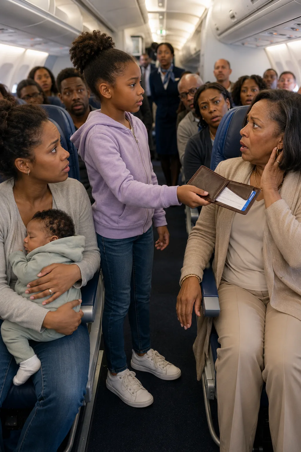 A WOMAN STOLE THE EXTRA-LEGROOM SEAT I PAID FOR AND LAUGHED WHEN I ASKED HER TO MOVE—TEN MINUTES AFTER TAKEOFF, MY 10-YEAR-OLD DAUGHTER STOOD UP AND SAID ONE SENTENCE THAT SILENCED THE ENTIRE CABIN