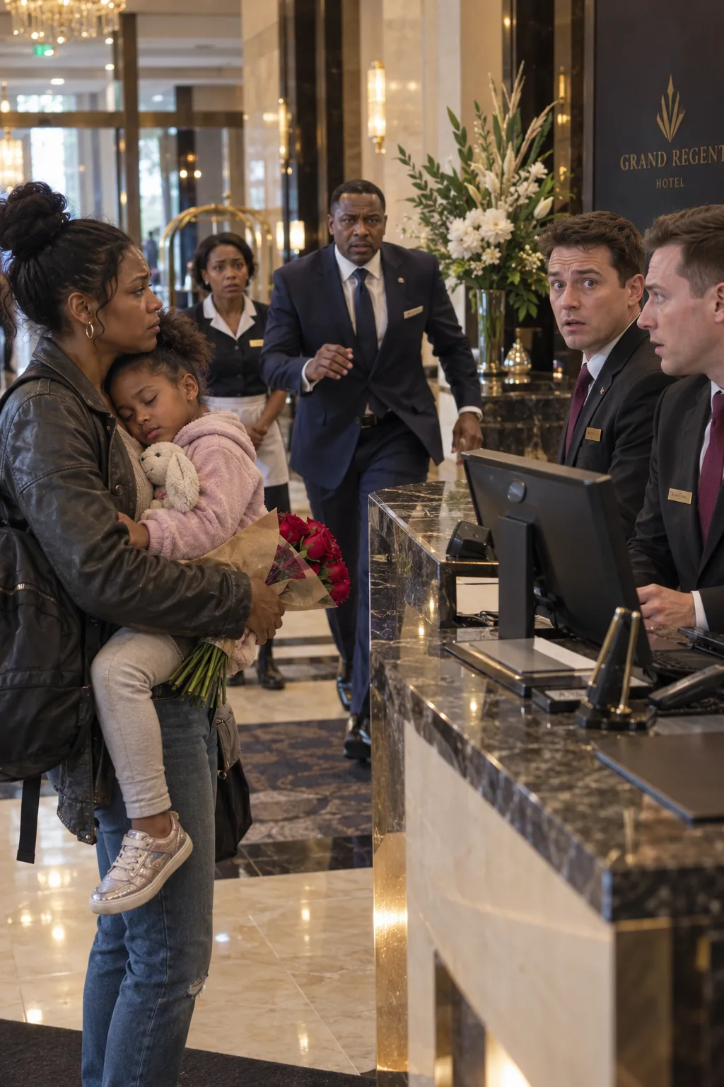 A SINGLE MOM WAS TURNED AWAY AT THE FRONT DESK OF HER OWN HOTEL WHILE HOLDING HER SLEEPING LITTLE GIRL—BUT WHEN THE STAFF FINALLY REALIZED WHO SHE WAS, IT WAS ALREADY TOO LATE