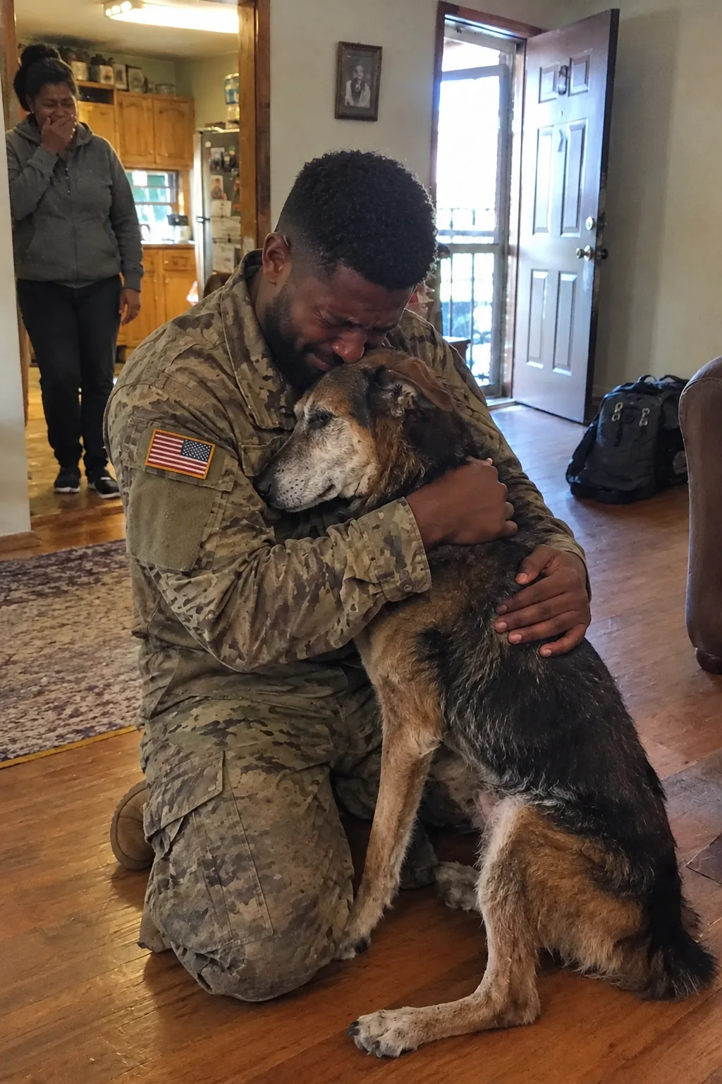 The Old Dog Collapsed Into the Soldier's Arms the Moment He Walked In—And the Vet's Warning Exposed the Man Who'd Been Living in His Mother's House