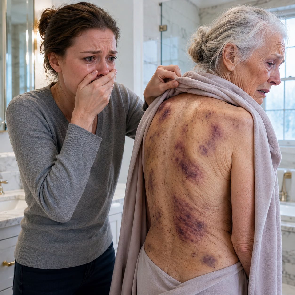 I came home to visit my elderly mother, but when I offered to bathe her, she recoiled in terror. “Please… don’t take off my coat,” she whispered, trembling. The moment I gently removed it, dark bruises and rope marks covered her fragile body.