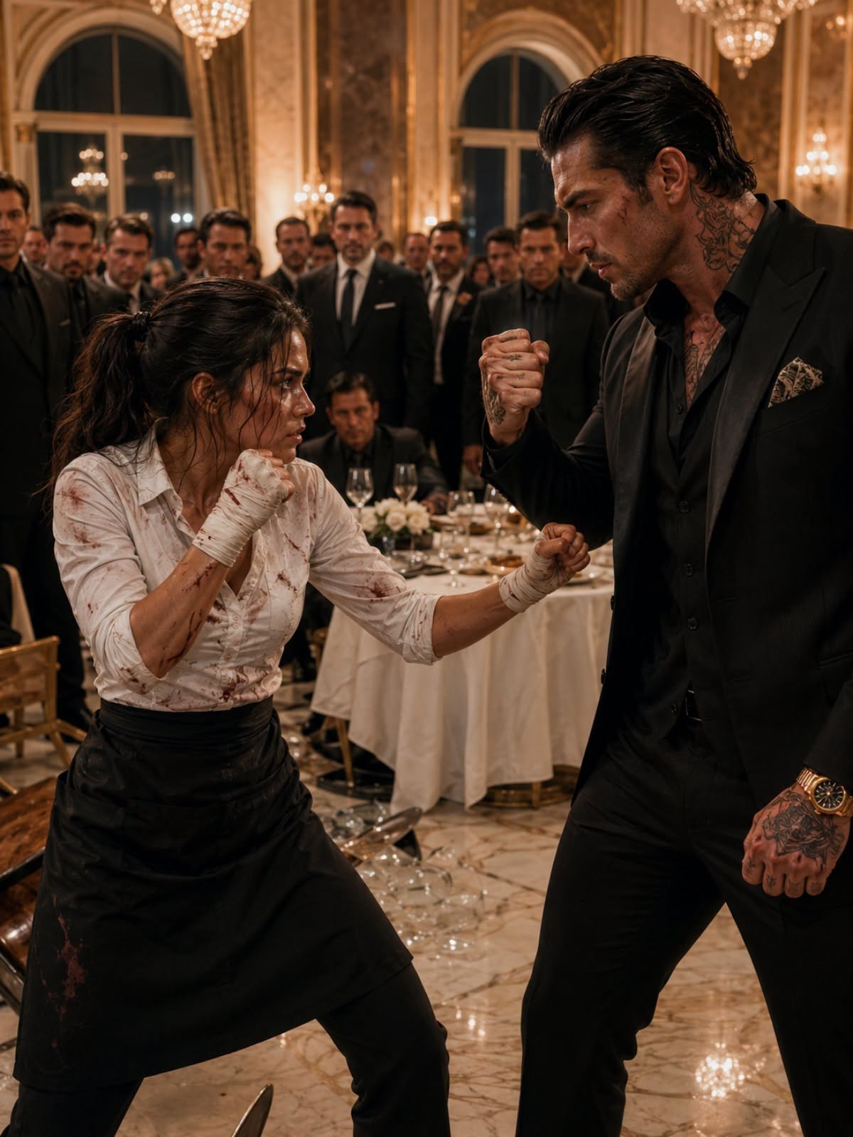 "The Mafia Boss Mocked the Waitress and Ordered Her to Fight—Her First Punch Silenced the Entire Room  Bloodstains did not wash out of silk easily. Vincent Coletti learned that lesson the hard way, not from a rival syndicate, but from a quiet waitress serving martinis at a downtown club. She looked as fragile as glass, but beneath her apron was the most lethal right hook in Brooklyn."