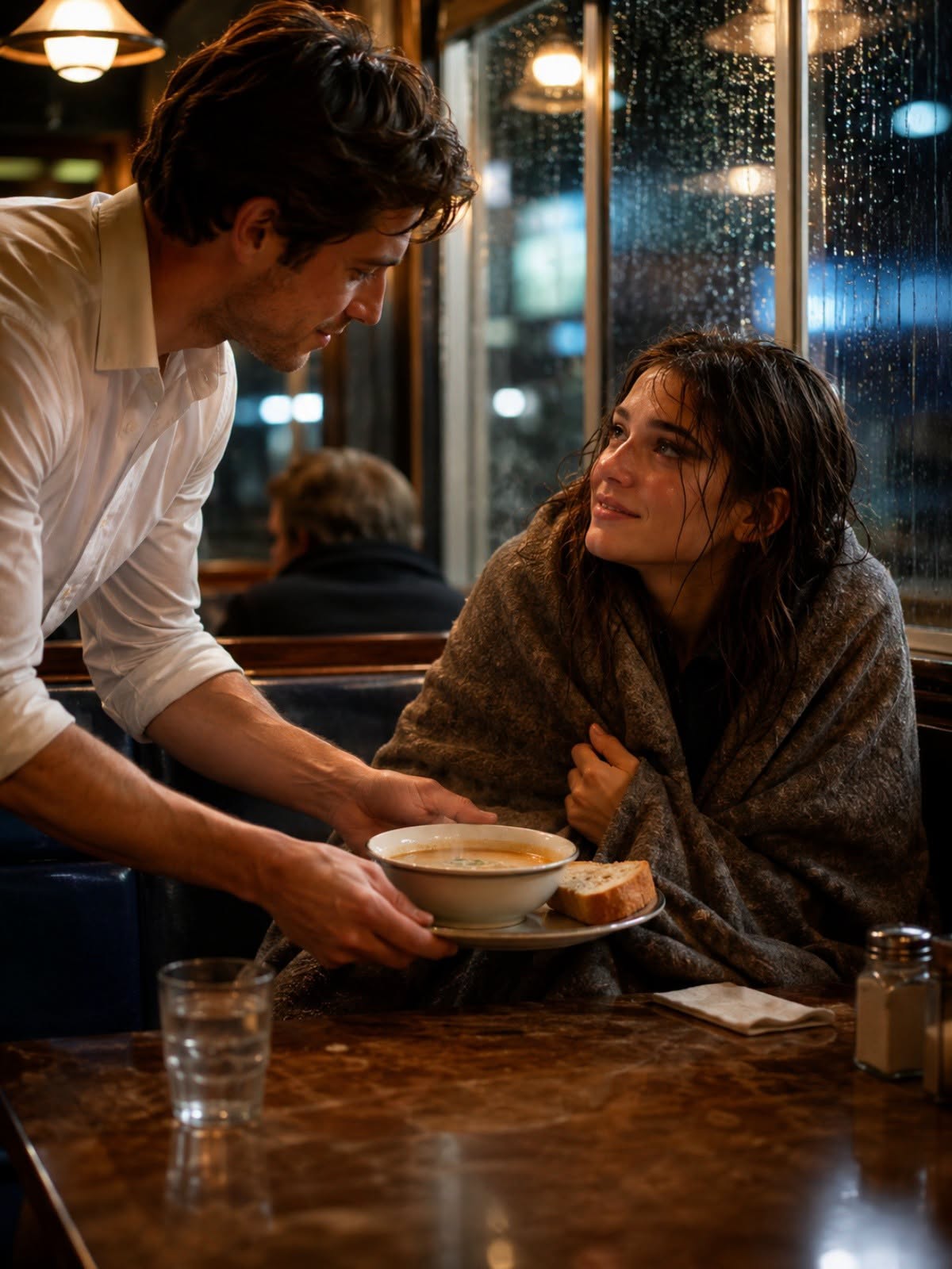 "The Single Dad Thought He Was Helping a Hungry Woman—Until She Bought His Restaurant the Next Day  The neon sign inside the window of the Copper Kettle flickered with a low, failing hum before the front half of the diner fell into darkness.  Alex Brooks did not attempt to revive it."