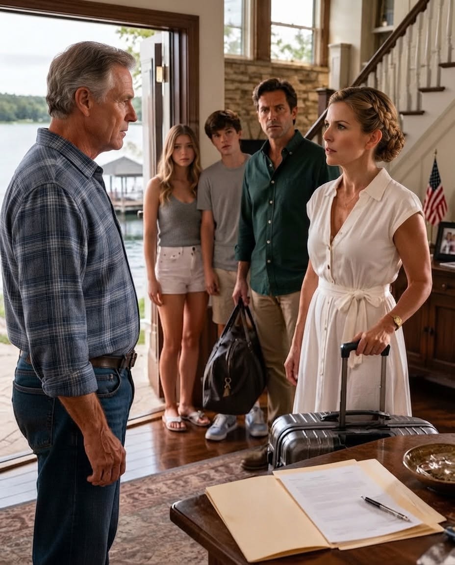 "The second suitcase had not cleared the doorway when I told my daughter to read the deed.  Rebecca stopped with one hand on the staircase.  Her husband, Trent, looked at the cream folder on the dining table. My granddaughter Madison lowered her phone. Cooper, my grandson, tightened his grip on his duffel bag.  Nine years without a call, and they had arrived at my late sister’s lake house prepared to move in.  “Read it,” I repeated."