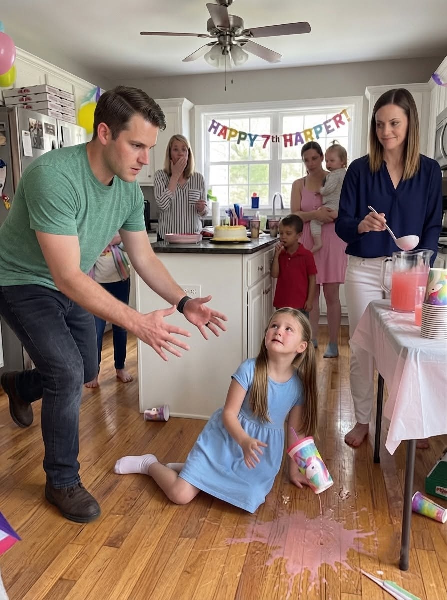 "The birthday candles had not been lit when my seven-year-old daughter stopped responding.  One moment, Harper was laughing beside her unicorn cake.  The next, her knees folded beneath her, her pink cup struck the hardwood, and my older sister stood beside the drink table with the faintest smile on her face.  My husband lifted Harper’s unicorn cup from the spreading lemonade and asked, “Who made this drink?”"