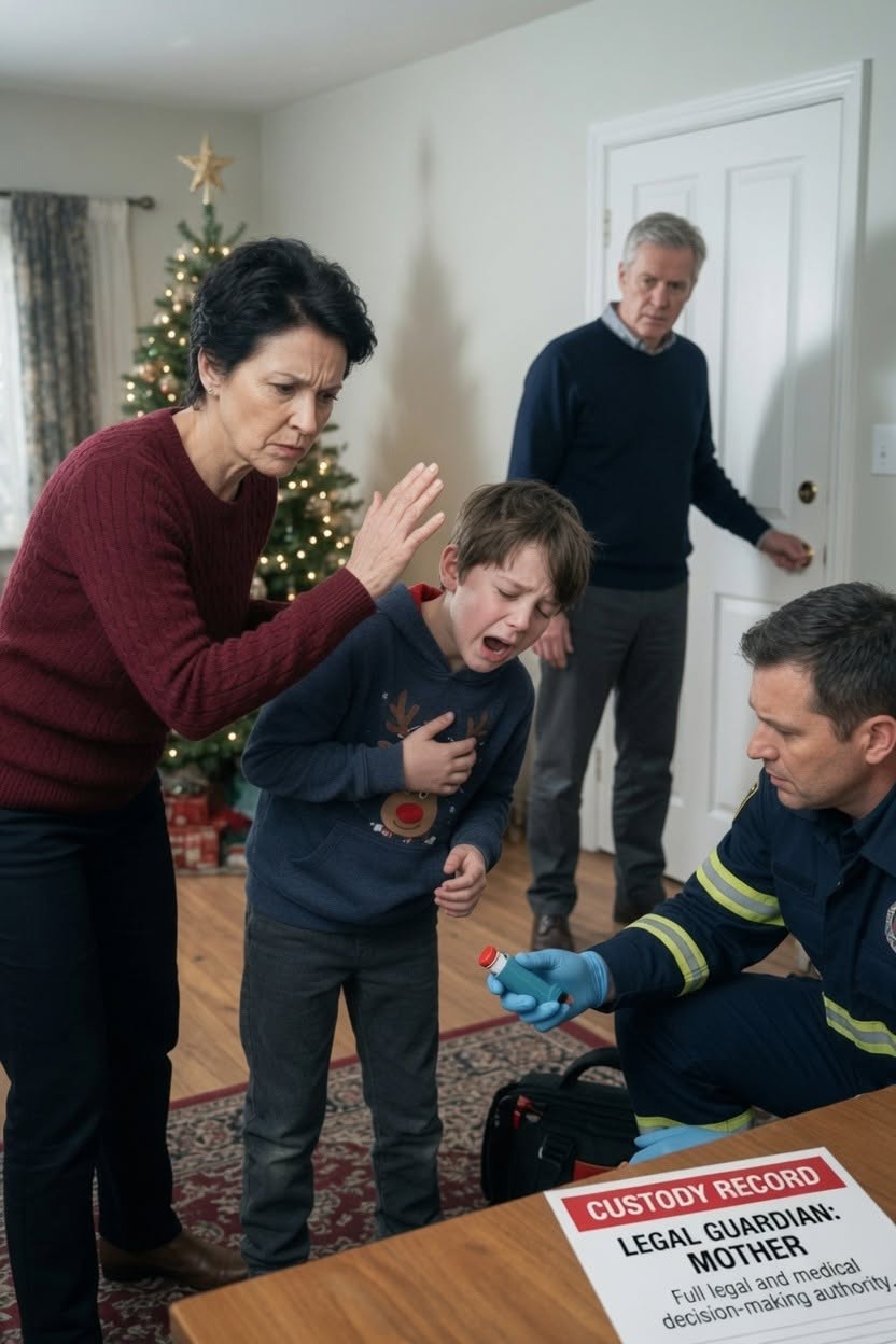My mother slapped my asthmatic son, hid his inhaler under the Christmas tree, and blamed him for it—until the paramedics found where she had stashed it.