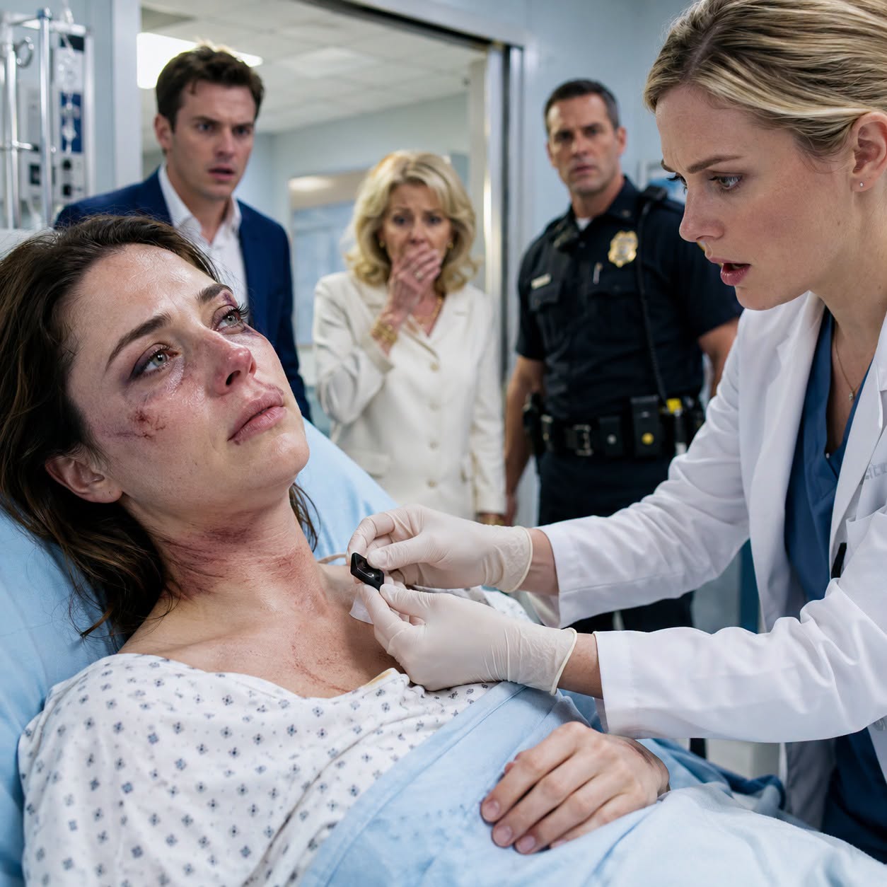 My husband left me, covered in bruises and unconscious, outside the emergency room, then told the police that I had attacked him first. His mother stood beside him, smiling and calling the bruises around my neck "proof that I'm mentally ill." They thought I was too scared to speak. But when the doctor pulled out a small recording device hidden under the tape, all the lies they had prepared began to crumble.