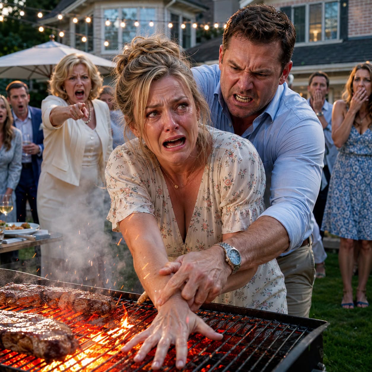 My husband deliberately slammed my hand onto the burning stove because the steak was “overcooked.” As I collapsed in agony, my mother-in-law stepped over me to grab the wine, laughing, “She needs to learn her place.” My father-in-law simply turned up the TV. They thought I was reaching beneath the kitchen island for a bandage. They had no idea I was activating the hidden security camera, streaming everything live, and sending the footage—and our address—straight to the police.