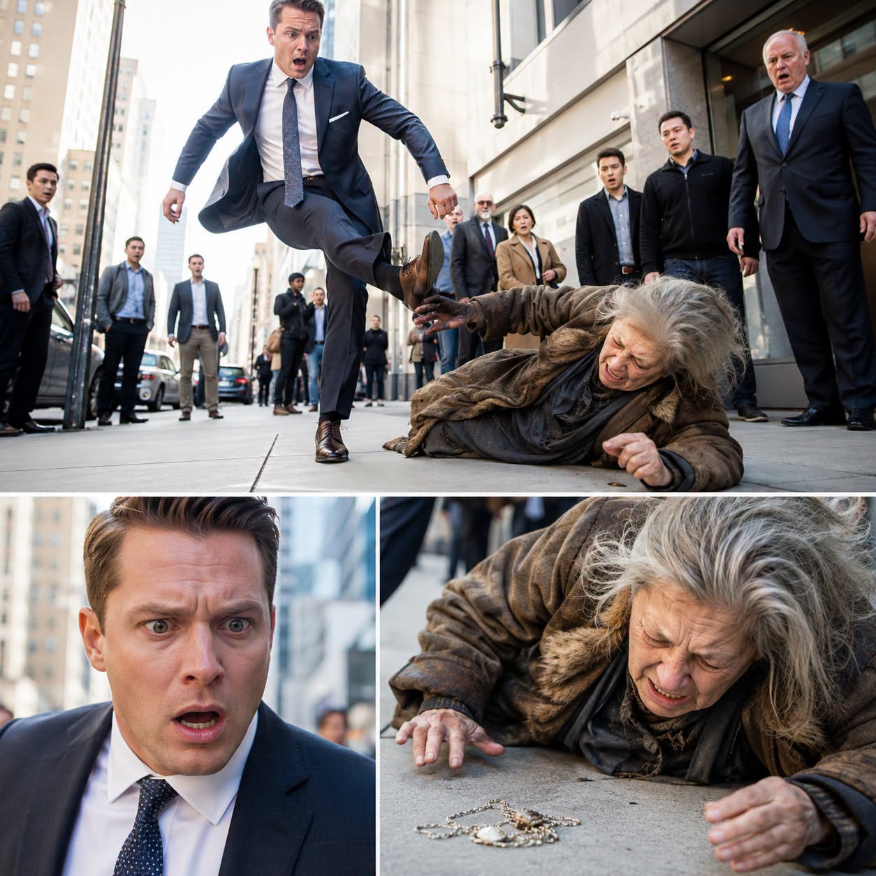 "I was rushing to an emergency company meeting when a homeless old woman grabbed my sleeve. “Please… I haven’t eaten in two days.” Furious, I kicked her away. She crashed onto the pavement, and a worn silver necklace flew from beneath her coat. My breath stopped. I had given that necklace to my mother before she vanished fifteen years ago. “Mom…?” I whispered. She opened her eyes and said, “Your father made sure you’d never find me.” That meeting could wait. My revenge had just begun.