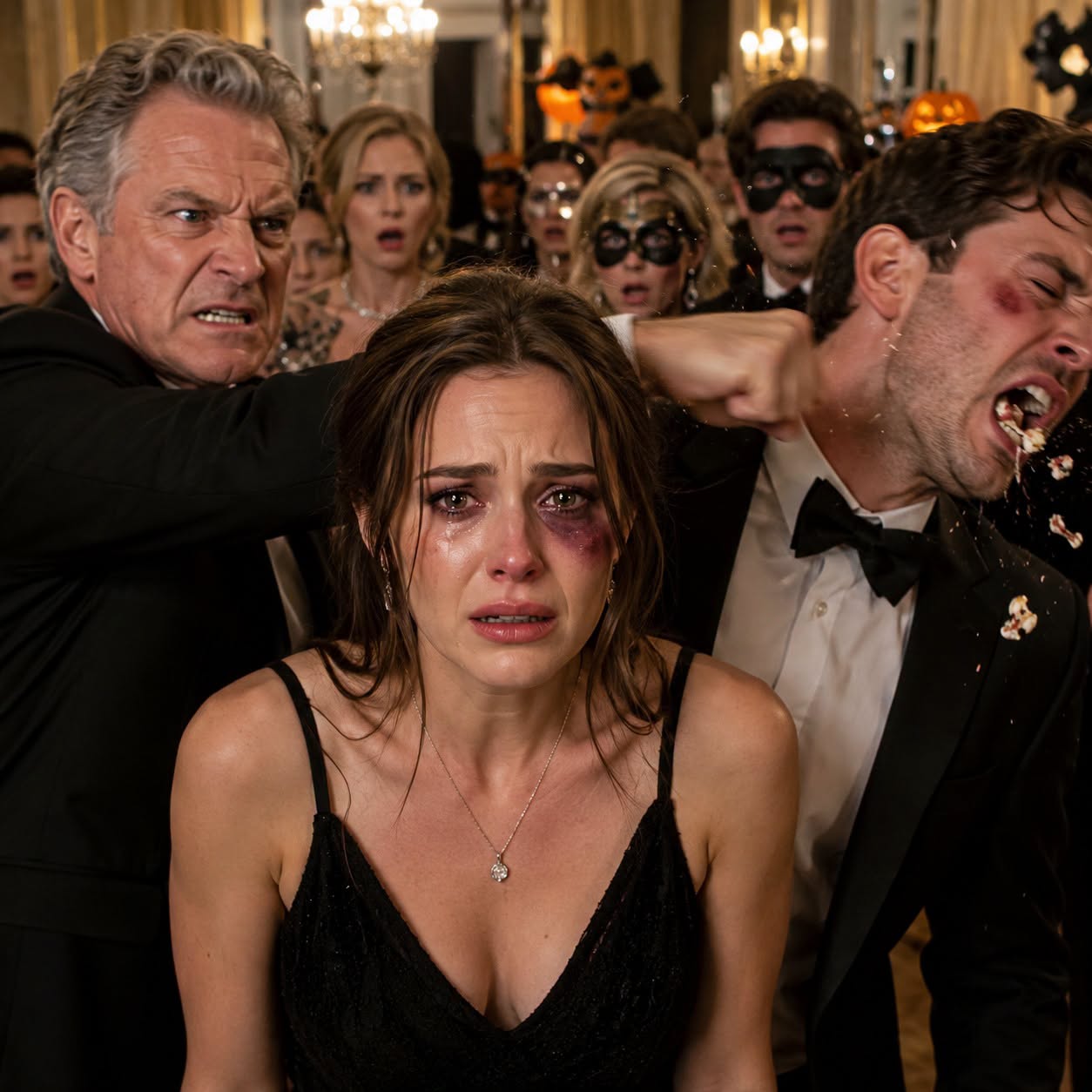 At the Halloween party, I walked in with one eye bruised black. My husband grinned and raised his glass. “I’m the one who taught her a lesson—now she doesn’t need a costume.” The room erupted in laughter, until my father stepped out from behind the masked guests, placed a sealed police file on the table, and whispered, “Laugh while you still can.” Then the ballroom doors locked.