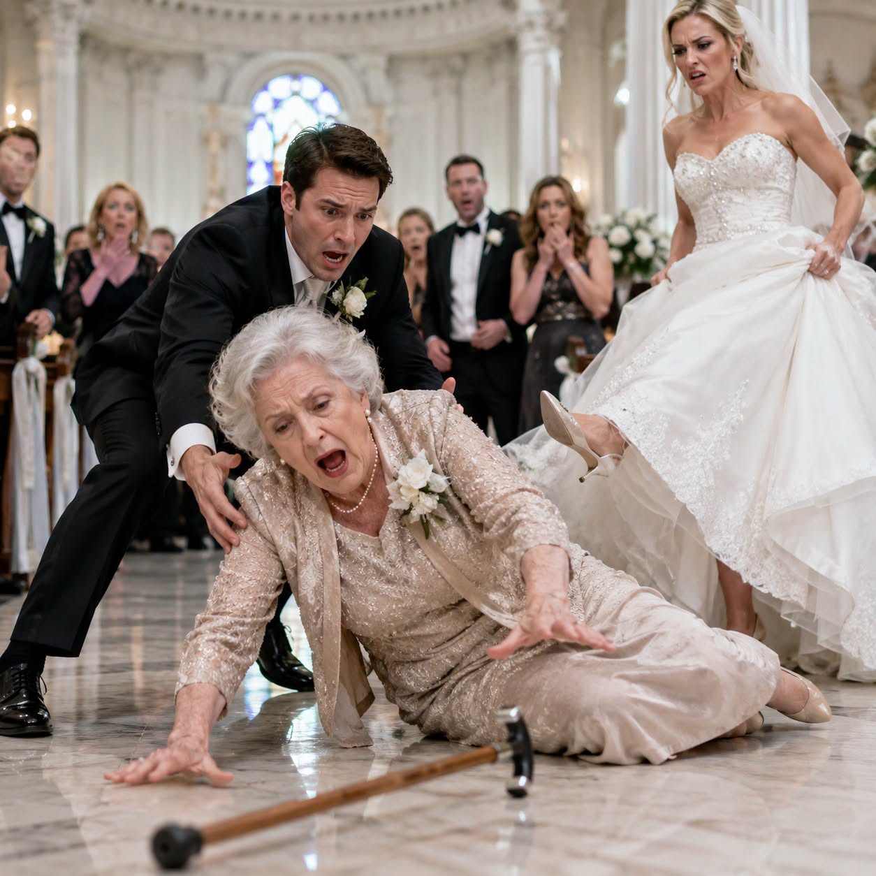 "Minutes before our wedding, I saw my fiancée kick my mother’s cane away and send her crashing to the floor. I caught Mom in my arms and shouted, “Are you insane?” My bride straightened her veil and snapped, “She fell on her own. Don’t ruin my day.” I looked at the guests, then at the woman I almost married. “The wedding is canceled,” I said—and she had no idea what I planned to take from her next. The sound of my mother’s cane skidding across marble was sharper than the wedding bells outside. One second she was standing beside the dressing-room doors; the next, she was falling, and my fiancée’s jeweled heel was still extended behind her.  I lunged forward and caught Mom before her head struck the floor.  “Are you insane?” I shouted."
