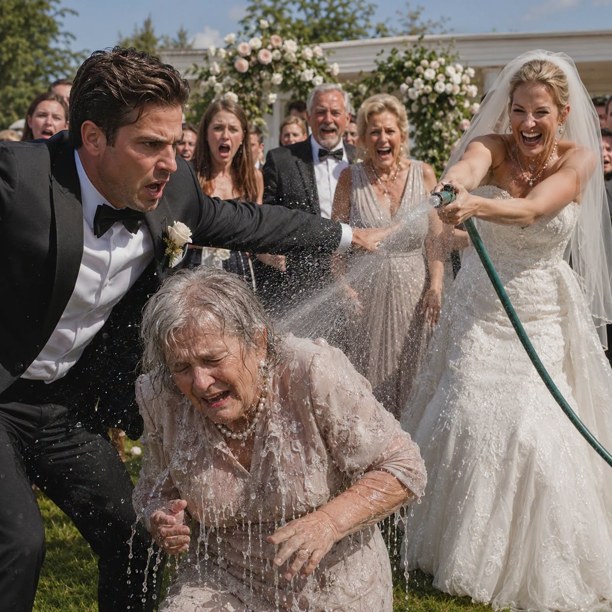 At my wedding, my bride’s family pointed at my mother and laughed. “Look at that pathetic poor woman,” her father sneered. My fiancée grabbed a garden hose. “Let me wash the smell of poverty off her.” The freezing water struck my mother as the guests cheered. I stepped between them, removed my ring, and said, “The wedding is over. And by sunrise, your family’s entire empire will be gone.”