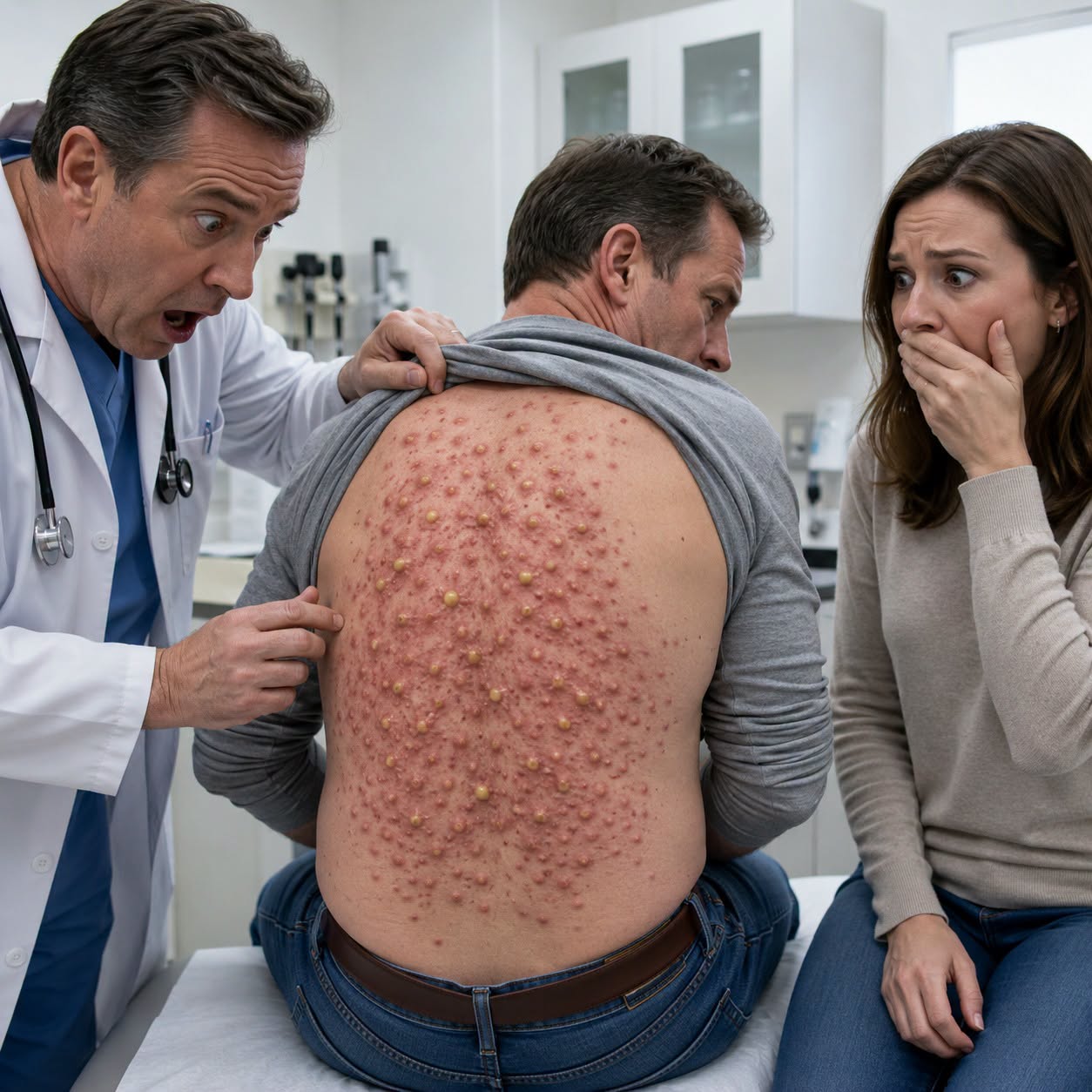I froze when I saw them—dozens of tiny red bumps dotting my husband’s back, clustered like something laid there. “It’s probably a rash,” he muttered, trying to laugh it off. But my stomach turned. At the clinic, the doctor leaned in, then went strangely still. His lips parted, eyes draining of color. He whispered, “Don’t go home. Call the police. Now.”