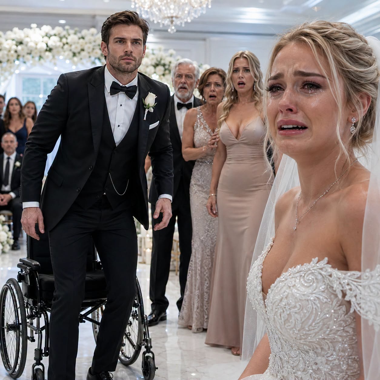 My parents and younger sister laughed loudly at my wedding. “Of course only a cripple would marry a failure like her,” my father sneered. I lowered my eyes while the guests shifted uncomfortably. Then my groom locked the wheelchair brakes, rose to his full height, and revealed he was the billionaire owner of my family’s company. By sunset, he had canceled every contract—and the three of them left my wedding bankrupt, humiliated, and begging.