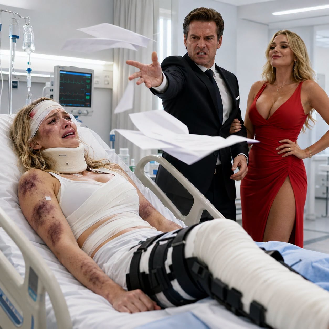 I woke up in a hospital bed after an accident, my leg shattered, my whole body aching. Then my husband walked in – hand in hand with his mistress. He smirked contemptuously, “I can’t live with a woman in a wheelchair.” The divorce papers hit me in the face. He turned his back and walked away… completely unaware that the woman who had just bought his entire company was me – and that his life was about to collapse forever.