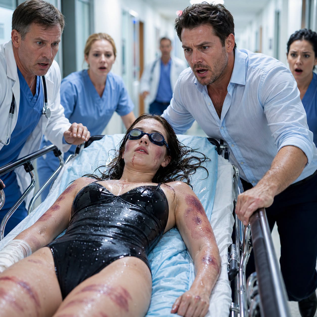 My husband beat me every day, but the night I finally collapsed, he dressed me in a swimsuit, soaked my body, and claimed I had slipped in the shower. At the hospital, the doctor lifted the sheet and froze at the bruises covering my skin. “Call the police now!” he shouted. By sunrise, my husband was in handcuffs—and I owned everything he thought I would never escape with.
