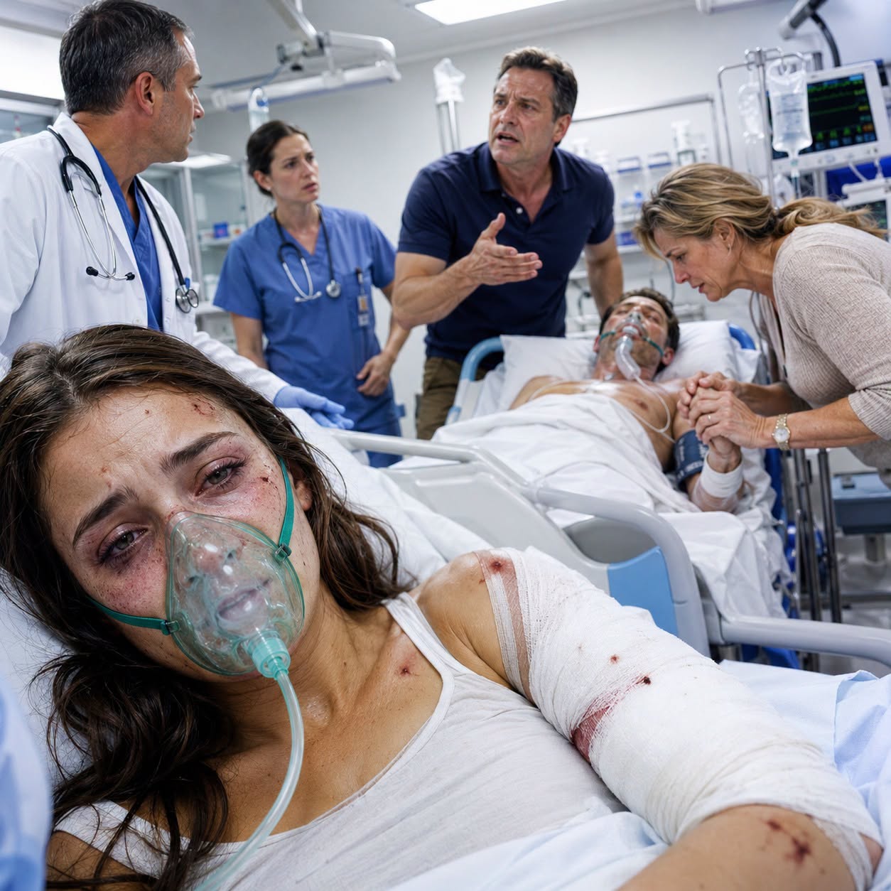 After my brother and I were rushed into surgery from the same crash, my parents pointed at my bed and ordered, “Save him first. She’s always been expendable.” My mother even whispered, “Take whatever he needs from her.” They thought I was unconscious—but I heard everything. Then a mysterious woman stormed in, revealed I was the hospital owner’s missing daughter, and by sunrise, my parents were arrested, disinherited, and begging me for mercy.