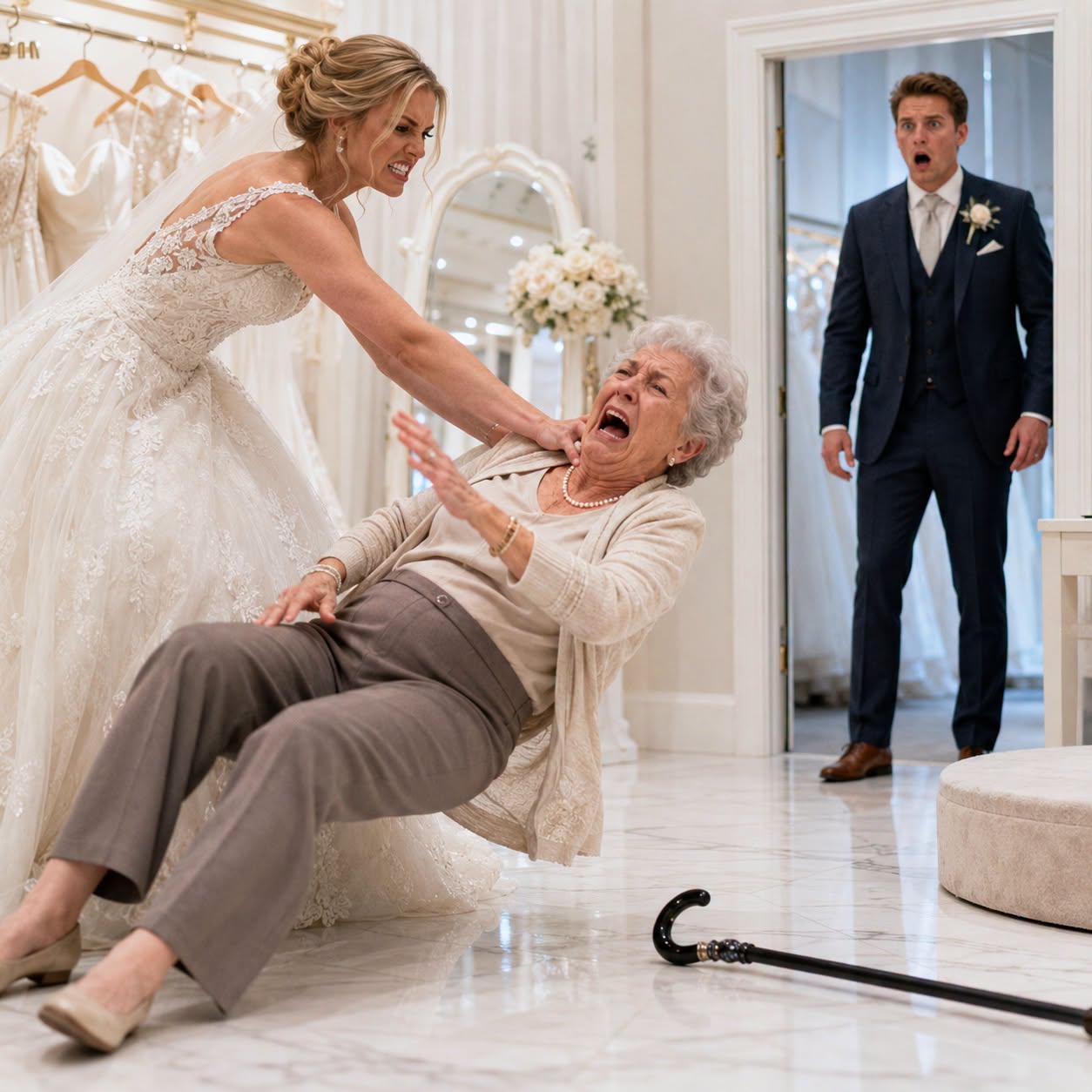 At my fiancée’s dress fitting, I watched her shove my elderly mother to the floor and snap, “Get up and hold my gown—you’re here to serve me.” My mother’s cane rolled across the room as everyone laughed. I helped her stand, then quietly smiled. On our wedding day, my bride reached the altar to find no groom, no guests, and a giant screen exposing her cruelty—while security escorted her from the venue I had already canceled.