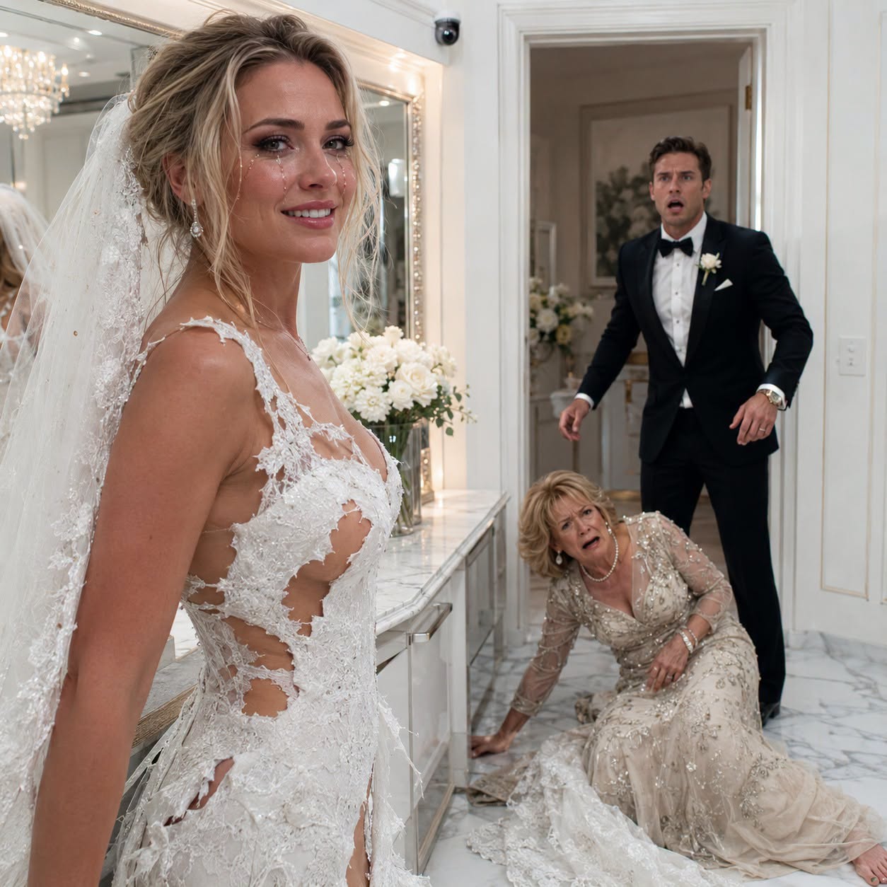 My wedding gown hung in shreds as my mother-in-law hissed, “No one will ever believe you.” When my groom rushed in, she collapsed dramatically, claiming I had attacked her. I wiped my tears, watched her smug smile spread, then looked toward the hidden camera above the mirror. “Play,” I said. Her own threats filled the room. By sunset, she was arrested, disowned, and permanently banned from our lives.