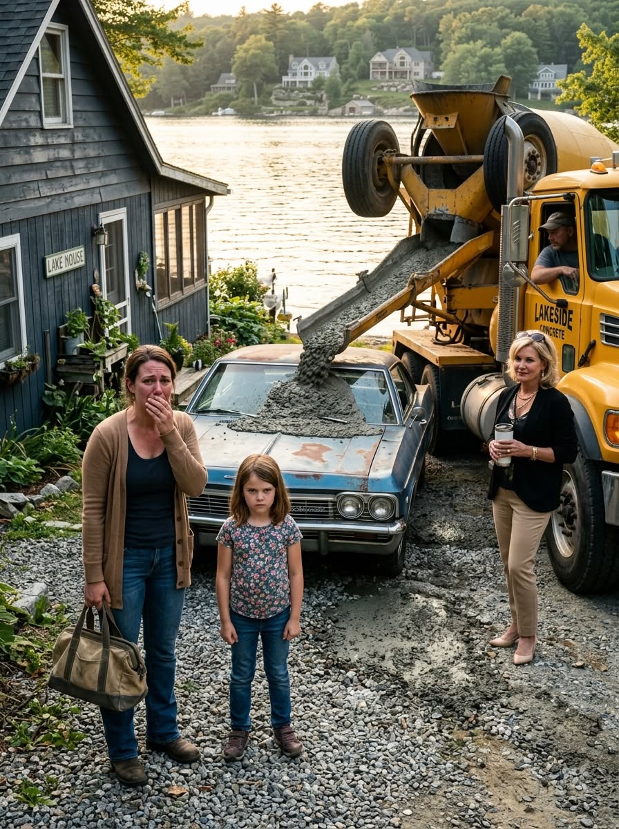 NEIGHBOR POURED CONCRETE ON MY CAR BECAUSE IT WAS "BLOCKING HER VIEW OF THE LAKE" — SHE LAUGHED UNTIL MY 8-YEAR-OLD DAUGHTER WIPED THE SMUG SMILE OFF HER FACE.