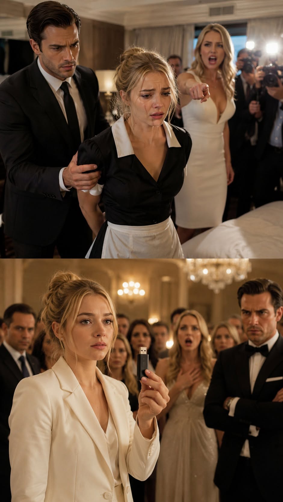 I woke on a billionaire’s hotel floor with my uniform torn, my memory erased, and cameras already waiting outside. His fiancée pointed at me and screamed, “She drugged him—arrest her!”