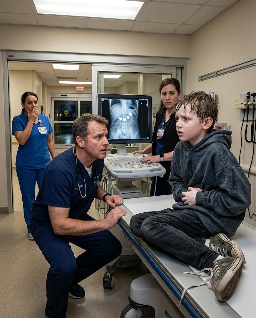 A skinny boy walked into the ER alone at midnight, clutching his stomach. The pediatric intake form said UNKNOWN MINOR, and the guardian line was empty. The X-ray showed several bright round objects inside him
