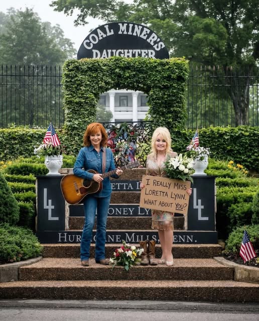 THREE QUEENS OF COUNTRY — A QUIET GOODBYE No cameras. No stage. Just Dolly Parton and Reba McEntire standing side by side in Tennessee as the evening light faded over Loretta Lynn’s resting place