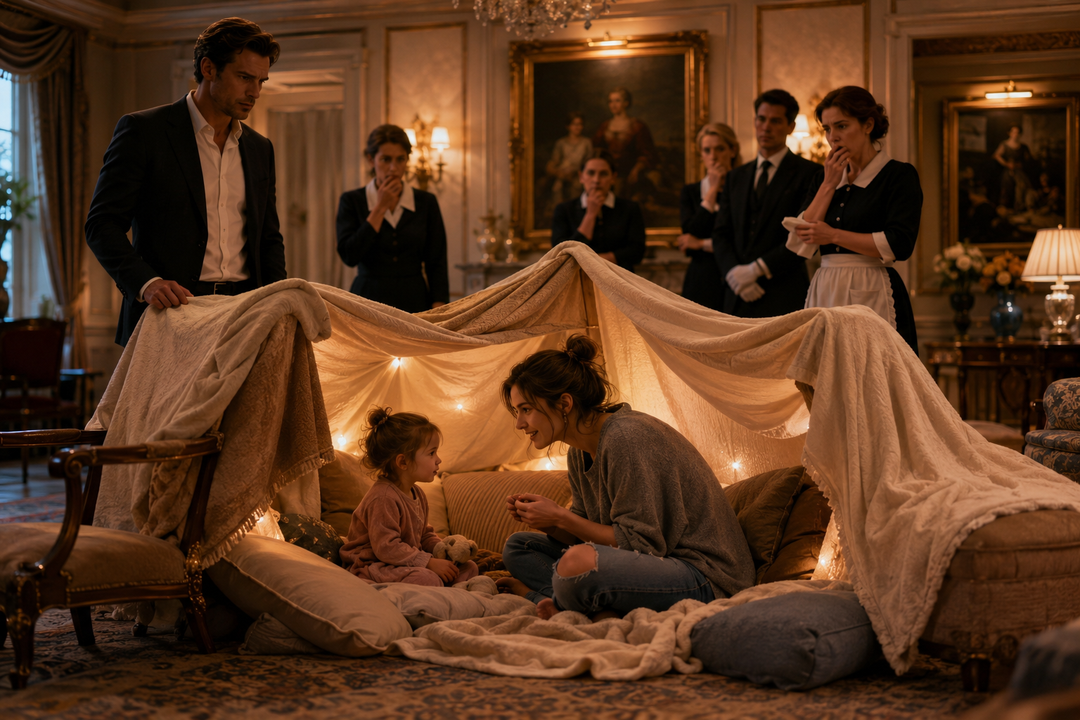 She turned the billionaire’s formal living room into a blanket fort, sat on the floor in jeans, and let his silent little girl crawl into the mess like that was exactly where she belonged. The staff looked horrified. Her father almost stopped it. Then he heard a sound from inside the blankets that made him go completely still.