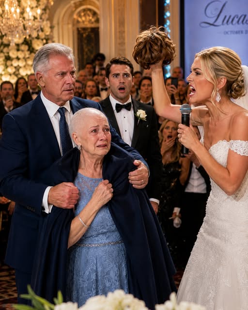 “My daughter-in-law tore the wig from my wife’s head at my son’s wedding, exposing the visible signs of months of cancer treatment while a few guests laughed. I walked onto the stage, wrapped my jacket around my wife, and opened the wedding envelope I had brought. The moment the bride saw the documents inside, her smile disappeared.”
