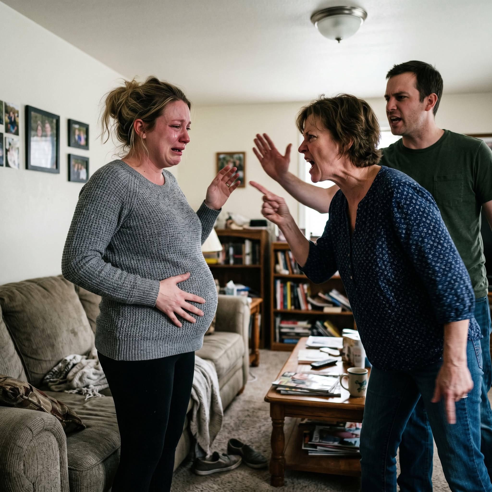 "My mom punched my pregnant belly and threatened to kill me if I didn’t give her my whole salary. My brother agreed with her—then I walked into the bedroom, grabbed an envelope, and when she opened it, she screamed in terror.