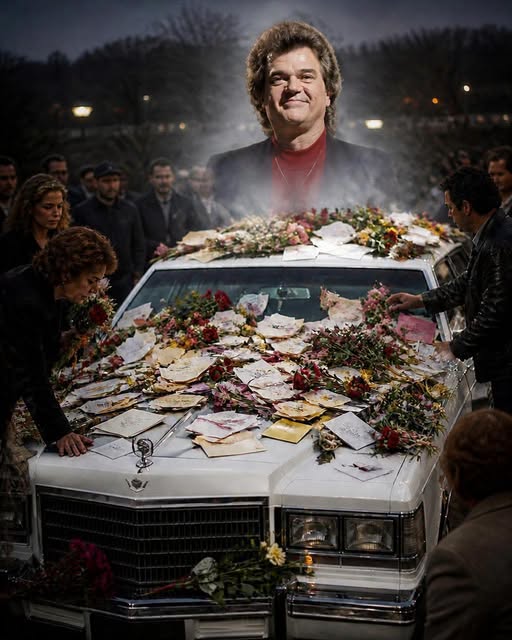 omg THE MORNING AFTER CONWAY TWITTY DIED, HIS WHITE CADILLAC AT TWITTY CITY DISAPPEARED UNDER FLOWERS AND HANDWRITTEN LETTERS June 5, 1993