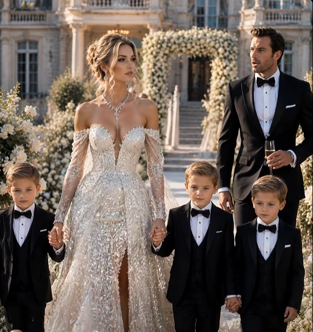 "I brought my five-year-old triplet sons to my millionaire ex-husband’s wedding—and within seconds, an entire mansion full of wealthy guests fell silent. They thought they were inviting a broken woman to witness her replacement. Instead, they came face-to-face with a secret that had been hidden for five years, a secret powerful enough to turn the wedding of the year into the scandal of the decade.