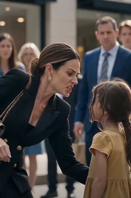 The rich woman stood frozen in the middle of the crowded street.