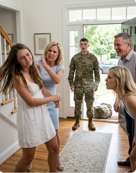 "My mother slapped me so hard I slammed into the wall. My sister-in-law spat at me, and my brother-in-law laughed and called me a gold digger, thinking my husband was away on duty. But when the door opened and he walked into the room, his next words left them speechless with horror.