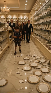 The luxury showroom glowed with warm designer light, endless shelves of crystal dishes