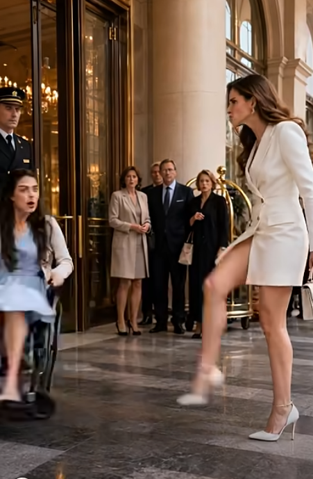 The Plaque The heel struck the wheel with a crack that echoed off polished stone. Sophia Kane hit the ground — elbow first, then shoulder — and for one breathless second, the entire entrance of the Halston Royale went silent. No one moved. She pushed herself upright on trembling hands, her wheelchair lying tilted beside her, the afternoon sun catching its chrome frame. Above her stood Vanessa Reed