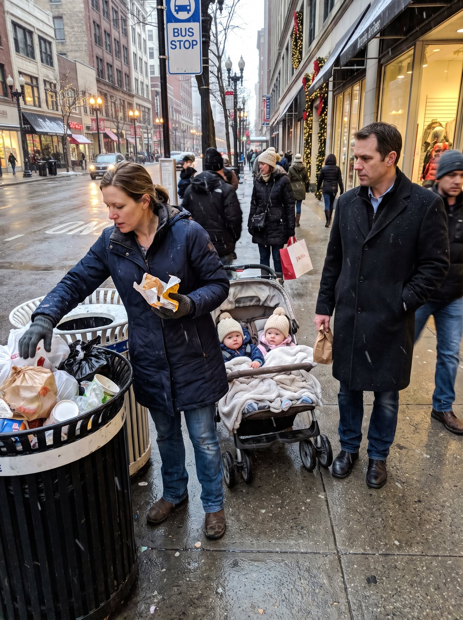 On Christmas Eve, I was searching a dumpster for food while my infant twins cried inside a broken stroller. A stranger in an expensive coat offered us warmth, formula, and one safe night. Weeks later, I discovered he owned the company where my husband had died—and the help I thought was charity was about to become something far more complicated...